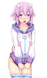 Rule 34 | 1girl, blush, bottomless, choker, collarbone, commentary, commentary request, cowboy shot, d-pad, d-pad hair ornament, daiaru, embarrassed, flat chest, hair between eyes, hair ornament, hip focus, hood, hooded jacket, jacket, jacket tug, looking at viewer, neptune (neptunia), neptune (series), no panties, open mouth, parka, purple eyes, purple hair, short hair, simple background, solo, striped clothes, striped thighhighs, teeth, thighhighs, upper teeth only, white background, white choker, zipper