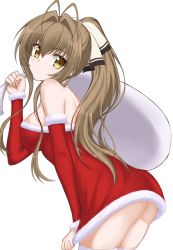 Rule 34 | 10s, 1girl, amagi brilliant park, antenna hair, bare shoulders, breasts, brown eyes, brown hair, detached sleeves, dress, dress tug, fur-trimmed dress, fur-trimmed sleeves, fur trim, gift bag, hair intakes, hair ribbon, high ponytail, highres, leaning forward, light brown hair, long hair, looking at viewer, looking to the side, medium breasts, microdress, no bra, ponytail, red dress, revealing clothes, ribbon, santa costume, sento isuzu, simple background, solo, strapless, strapless dress, thighhighs, white background, white ribbon, white thighhighs, xingnai, yellow eyes, zettai ryouiki