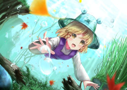 Rule 34 | 1girl, air bubble, animal, blonde hair, bubble, commentary request, day, dutch angle, foreshortening, frog, hair ribbon, hat, highres, kelp, long sleeves, looking at viewer, luke (kyeftss), moriya suwako, purple vest, pyonta, red ribbon, ribbon, shirt, smile, solo, swimming, touhou, tress ribbon, underwater, vest, water, white shirt, wide sleeves, yellow eyes