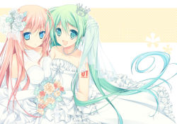 Rule 34 | 2girls, :d, aqua eyes, aqua hair, bad id, bad pixiv id, bouquet, breast press, breasts, cleavage, crown, dress, elbow gloves, flower, gloves, hair flower, hair ornament, hatsune miku, long hair, medium breasts, megurine luka, multiple girls, open mouth, pink hair, purinpurin, red flower, red rose, rose, small breasts, smile, twintails, veil, very long hair, vocaloid, wedding dress, white flower, white rose, yellow flower, yellow rose, yuri