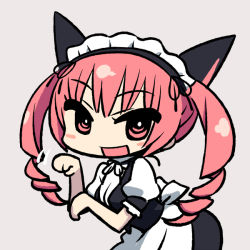 Rule 34 | 1girl, akiha rumiho, animal ears, blush stickers, bow, cat ears, cat girl, chan co, chibi, drill hair, faris nyannyan, female focus, long hair, maid, maid headdress, open mouth, paw pose, pink eyes, pink hair, simple background, smile, solo, steins;gate, twin drills