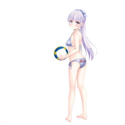 Rule 34 | 1girl, absurdres, ass, ball, barefoot, bikini, blunt bangs, blush, bow, breasts, closed mouth, front-tie bikini top, front-tie top, full body, grey bikini, grey bow, grey eyes, hair bow, halterneck, highres, holding, holding ball, long hair, looking at viewer, new game!, ponytail, print bikini, sainohikari, side-tie bikini bottom, sideboob, silver hair, simple background, small breasts, smile, solo, standing, star (symbol), star print, string bikini, suzukaze aoba, swimsuit, very long hair, white background