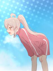Rule 34 | 1girl, @ @, ahoge, bare legs, bent over, blue sky, blush, cloud, commentary, exhausted, from side, genderswap, genderswap (mtf), grey hair, hair between eyes, hands on own knees, highres, jacket, k-d, long hair, long sleeves, onii-chan wa oshimai!, open mouth, orange hair, oyama mahiro, ponytail, shorts, sky, solo, sweat, track jacket, track uniform, wavy mouth, zipper pull tab