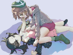 Rule 34 | 2girls, black hair, brown hair, choker, creatures (company), dantahi01, dress, game freak, gloria (pokemon), hand on another&#039;s chest, hat, jacket, leather, leather jacket, long sleeves, looking at another, lying, marnie (pokemon), multiple girls, nail polish, nintendo, on back, open clothes, open jacket, pink dress, pokemon, pokemon swsh, smile, strap slip, twintails, yuri