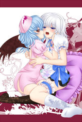 Rule 34 | 2girls, bad id, bad pixiv id, bat wings, couple, artistic error, female focus, frilled pillow, frills, hand on another&#039;s face, hug, imminent kiss, izayoi sakuya, multiple girls, nekokotei, open mouth, pillow, red eyes, remilia scarlet, short hair, silver hair, sitting, touhou, wings, yuri