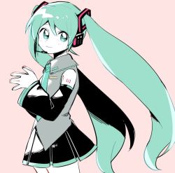 Rule 34 | 1girl, aqua eyes, aqua hair, aqua necktie, bad id, bad twitter id, bare shoulders, breast press, closed mouth, collared shirt, cowboy shot, detached sleeves, from side, grey shirt, hatsune miku, headphones, long hair, long sleeves, looking at viewer, looking to the side, microphone, necktie, pink background, pleated skirt, sasa kichi, shirt, simple background, skirt, sleeveless, sleeveless shirt, solo, very long hair, vocaloid, wide sleeves, wing collar