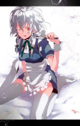 Rule 34 | 1girl, ;p, bad id, bad pixiv id, braid, embodiment of scarlet devil, female focus, izayoi sakuya, maid, maid headdress, manyako (mohumohu), one eye closed, red eyes, short hair, silver hair, solo, thighhighs, tongue, tongue out, touhou, twin braids, white background, white thighhighs, wink