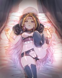 Rule 34 | 1girl, ashe (league of legends), ass, black thighhighs, blush, bow (bhp), breastless clothes, breasts, cleft of venus, crotchless, crotchless panties, feet, league of legends, long hair, lying, midriff, navel, nipples, no shoes, on back, panties, purple eyes, purple hair, pussy, silhouette, small breasts, soles, solo, thighhighs, toeless legwear, toes, uncensored, underwear, very long hair