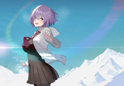Rule 34 | 1girl, black dress, black pantyhose, blue sky, blush, breasts, dress, fate/grand order, fate (series), hair over one eye, hareno chiame, hood, hooded jacket, jacket, large breasts, lens flare, light purple hair, long sleeves, looking at viewer, mash kyrielight, mountain, necktie, open clothes, open jacket, open mouth, pantyhose, purple eyes, red necktie, short hair, sky, smile, solo