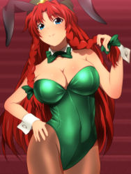 Rule 34 | 1girl, alternate costume, animal ears, beret, black pantyhose, blue eyes, blush, bow, bowtie, breasts, cleavage, closed mouth, covered navel, detached collar, fake animal ears, green bow, green bowtie, green hat, green leotard, hand on own hip, hat, hat ornament, hong meiling, leotard, long hair, looking at viewer, medium breasts, pantyhose, playboy bunny, red hair, star (symbol), star hat ornament, strapless, strapless leotard, thighs, touhou, very long hair, wrist cuffs, yadokari genpachirou