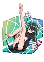 Rule 34 | 1girl, absurdres, barefoot, black dress, black hair, blue hair, blush, bright pupils, demon girl, demon horns, demon tail, dress, eye of providence, fang, flat chest, full body, highres, horns, jewelry, looking at viewer, medium hair, multicolored hair, nail polish, nanashi inc., no panties, official alternate costume, open mouth, pointy ears, red eyes, red nails, rgm jesta, ring, shishio chris, shishio chris (3rd costume), short sleeves, smile, solo, sugar lyric, tail, two-tone hair, virtual youtuber, white pupils, wristband