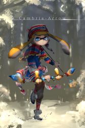 Rule 34 | 1girl, alternate weapon, arrow (projectile), bad id, bad twitter id, black pants, blue eyes, blunt bangs, bow (weapon), dress, english text, forest, hat, highres, holding, inkling, inkling girl, inkling player character, kashu (hizake), long hair, multicolored clothes, multicolored dress, multicolored hat, nature, nintendo, orange hair, outdoors, pants, shawl, snow, solo, splatoon (series), splatoon 1, standing, standing on one leg, tentacle hair, tribal, walking, weapon
