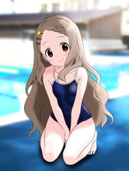 Rule 34 | 1girl, aoba kokona, bare shoulders, barefoot, blush, braid, braided bangs, breasts, brown hair, closed mouth, dot nose, feet, female focus, hair ornament, hairclip, head tilt, highres, legs, long hair, looking at viewer, nekonopapa, one-piece swimsuit, red eyes, small breasts, smile, solo, swimsuit, yama no susume