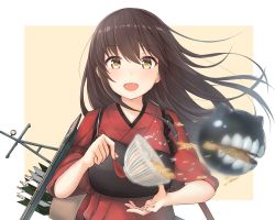 Rule 34 | 10s, 1girl, :d, akagi (kancolle), alternate color, alternate costume, arrow (projectile), azuhira, bow, bowl, brown hair, commentary request, enemy aircraft (kancolle), eyebrows, flight deck, food, hair between eyes, holding, holding bowl, holding spoon, kantai collection, long hair, muneate, open mouth, outside border, pink background, quiver, simple background, smile, solo, spoon, tasuki, yellow eyes