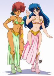 0tacat 2girls blue_eyes blue_hair dirty_pair highres huttslayer_leia multiple_girls one_eye_closed princess_leia red_eyes red_hair tan wink