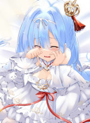 Rule 34 | 1girl, anchor necklace, azur lane, bare shoulders, blue hair, braid, breasts, cleavage, closed eyes, commentary request, crown, crying, detached sleeves, dress, french braid, frilled dress, frills, from above, hair intakes, highres, janus (azur lane), jewelry, low twintails, medium breasts, mini crown, necklace, red ribbon, ribbon, sidelocks, solo, tonchinkan, twintails, white dress, white ribbon