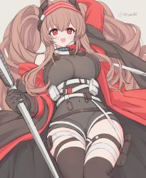 Rule 34 | 1girl, :d, angelina (arknights), angelina (distinguished visitor) (arknights), arknights, arm up, belt, black gloves, black thighhighs, blue leotard, blush, breasts, brown hair, coat, collar, covered navel, feet out of frame, gloves, hairband, headgear, highres, impossible clothes, impossible leotard, infection monitor (arknights), large breasts, leotard, long hair, long sleeves, looking at viewer, off shoulder, official alternate costume, open clothes, open coat, open mouth, pouch, red coat, red eyes, risshu, sidelocks, simple background, single bare shoulder, smile, solo, thigh pouch, thigh strap, thighhighs, twintails, twitter username, two-tone hairband, underbust, very long hair, white background
