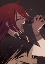 Rule 34 | 1girl, black shirt, bocchi the rock!, closed eyes, commentary, dated commentary, from side, grey background, highres, holding, holding microphone, juppa sento, kita ikuyo, long hair, microphone, music, open mouth, profile, red hair, shirt, short sleeves, simple background, singing, solo, t-shirt, upper body, wristband