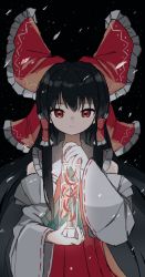 Rule 34 | 1girl, absurdres, ascot, black background, black hair, bow, collar, detached sleeves, frilled bow, frilled collar, frills, hair bow, hair tubes, hakurei reimu, highres, holding lamp, lamp, light, light smile, long hair, looking at viewer, neruzou, red bow, red eyes, red skirt, red vest, ribbon-trimmed sleeves, ribbon trim, sidelocks, skirt, skirt set, snow, touhou, upper body, vest, wide sleeves