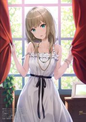 Rule 34 | 1girl, absurdres, aqua eyes, backlighting, bare arms, bare shoulders, bead bracelet, beads, black ribbon, bracelet, brown hair, collarbone, curtain grab, curtains, day, desk, dress, earrings, flower, frilled dress, frills, hands up, highres, hyuuga azuri, indoors, jewelry, long hair, looking at viewer, necklace, original, parted lips, picture frame, plant, potted plant, ribbon, scan, sleeveless, sleeveless dress, solo, standing, strap slip, white dress, window