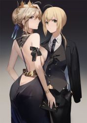 Rule 34 | 2girls, afpl (parrotz4), ahoge, alternate costume, artoria pendragon (all), artoria pendragon (fate), artoria pendragon (lancer) (fate), ass, backless dress, backless outfit, bare arms, bare shoulders, black dress, blonde hair, blue eyes, blue ribbon, braid, breasts, butt crack, coat, coat on shoulders, cross, crown, dress, fate/grand order, fate (series), formal, french braid, green eyes, hair ribbon, highres, multiple girls, necktie, ponytail, ribbon, saber (fate), sideboob, sidelocks, suit