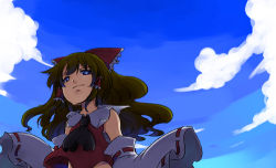 Rule 34 | 1girl, ascot, blue eyes, blue sky, bow, brown hair, cloud, cloudy sky, day, detached sleeves, female focus, from below, hair bow, hair tubes, hakurei reimu, lowres, red bow, red ribbon, ribbon, ribbon-trimmed sleeves, ribbon trim, sakuraba yuuki, sky, solo, touhou, vest