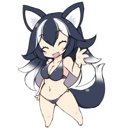 Rule 34 | 1girl, animal ears, bare shoulders, barefoot, black hair, blush stickers, breasts, chibi, cleavage, collarbone, closed eyes, fur collar, gluteal fold, grey wolf (kemono friends), higetora (higeusagi346), kemono friends, long hair, medium breasts, multicolored hair, navel, simple background, smile, solo, swimsuit, tail, two-tone hair, white background, white hair, wolf ears, wolf tail