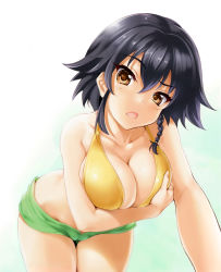 Rule 34 | 10s, 1girl, absurdres, all fours, bikini, bikini shorts, black hair, braid, breast hold, breast suppress, breasts, brown eyes, cameltoe, cle masahiro, cleavage, collarbone, detexted, flipped hair, foreshortening, girls und panzer, green bikini, groin, hair between eyes, hand on own chest, head tilt, highres, large breasts, looking at viewer, mismatched bikini, no panties, open mouth, outstretched arm, pepperoni (girls und panzer), scan, short hair, short shorts, shorts, side braid, sidelocks, single braid, solo, swimsuit, thigh gap, thighs, third-party edit, yellow bikini