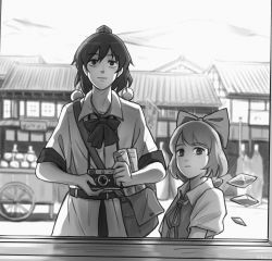 Rule 34 | 2girls, absurdres, architecture, bag, bow, camera, cart, collared shirt, east asian architecture, food stand, greyscale, hair bow, hat, highres, human village (touhou), ice, ice wings, light smile, monochrome, multiple girls, newspaper, pom pom (clothes), ribbon, royl, satchel, shameimaru aya, shirt, short hair, short sleeves, tokin hat, touhou, wheel, wings