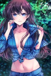 Rule 34 | 1girl, belly, blue eyes, blush, breasts, brown hair, collarbone, commentary request, earrings, ichinose shiki, idolmaster, idolmaster cinderella girls, jewelry, long hair, looking at viewer, medium breasts, midriff, navel, no bra, plaid, plaid shirt, shirt, solo, soso, standing, stomach, tied shirt, wavy hair