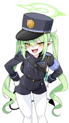 Rule 34 | 1girl, belt, black belt, black hat, black jacket, black shorts, black tail, blue archive, blush, buttons, demon tail, double-breasted, feet out of frame, freedom (aass5404), gloves, green hair, green halo, hair between eyes, halo, hat, nozomi (blue archive), highres, jacket, long hair, long sleeves, open mouth, pantyhose, peaked cap, pointy ears, shorts, simple background, smile, solo, tail, twintails, white background, white gloves, white pantyhose, yellow eyes