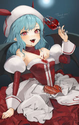 Rule 34 | 1girl, alternate costume, bare shoulders, bat wings, blood, blood stain, blue hair, commission, cup, detached sleeves, dress, drinking glass, fangs, gotou (nekocat), hat, heart, highres, holding, holding cup, looking at viewer, medium hair, nail polish, open mouth, pointy ears, red dress, red eyes, red nails, remilia scarlet, sleeve cuffs, smile, solo, spilling, strapless, strapless dress, teeth, thank you, tongue, tongue out, touhou, upper teeth only, vampire, white hat, wine glass, wings