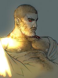 Rule 34 | 1boy, abs, bara, bare pectorals, beard, body markings, buzz cut, colored sclera, earrings, facial hair, full beard, hairy, highres, jewelry, leaning back, looking to the side, male focus, mature male, monster boy, movd art, muscular, muscular male, navel, navel hair, necklace, nipples, open clothes, original, pectorals, red sclera, short hair, solo, stomach, streaked beard, sunlight, thick beard, thick chest hair, thick mustache, thick navel hair, tsurime, very hairy, very short hair, yellow theme