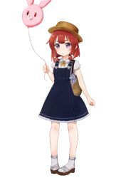 Rule 34 | &gt;:), 10s, 1girl, alternate costume, arm at side, bad id, bad pixiv id, bag, balloon, blue dress, blush, braid, brown hat, casual, dress, etorofu (kancolle), fedora, hat, highres, holding, holding balloon, kantai collection, nuno (pppompon), pigeon-toed, purple eyes, red hair, sandals, shirt, short hair, short sleeves, shoulder bag, simple background, socks, solo, twin braids, v-shaped eyebrows, white background, white shirt, white socks