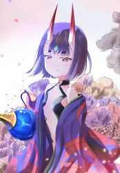 Rule 34 | 1girl, absurdres, bare shoulders, breasts, brown flower, closed mouth, collarbone, commentary request, fang, fang out, fate/grand order, fate (series), flower, headpiece, highres, horns, japanese clothes, kimono, light smile, off shoulder, oni, open clothes, open kimono, petals, purple eyes, purple flower, purple hair, purple kimono, revealing clothes, sakazakinchan, short eyebrows, shuten douji (fate), skin-covered horns, small breasts, solo, thick eyebrows, white flower