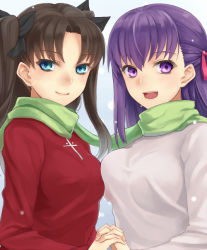 Rule 34 | 2girls, blue eyes, breast press, breasts, brown hair, fate/stay night, fate (series), green scarf, holding hands, matou sakura, medium breasts, multiple girls, prime, purple eyes, purple hair, scarf, shared clothes, shared scarf, siblings, sisters, symmetrical docking, tohsaka rin