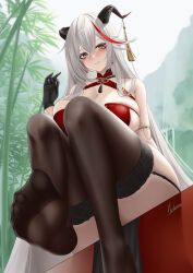 Rule 34 | 1girl, absurdres, aegir (azur lane), aegir (golden dragon among auspicious clouds) (azur lane), azur lane, bare shoulders, black garter straps, black gloves, black thighhighs, blush, breasts, cleavage, commentary request, feet, from below, garter straps, gloves, grey hair, hair between eyes, hand up, highres, horn ornament, horns, ichikushi mojibake, large breasts, looking at viewer, looking down, multicolored hair, official alternate costume, outdoors, parted lips, red hair, signature, sitting, smile, soles, solo, streaked hair, thick thighs, thighhighs, thighs, toes, yellow eyes