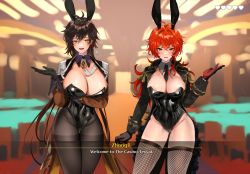 Rule 34 | 2girls, absurdres, alternate costume, animal ears, areola slip, arm under breasts, black jacket, black legwear, black leotard, blurry, blurry background, blush, breasts, brown hair, casino, character name, commentary, commentary request, covered navel, detached collar, diluc (genshin impact), earrings, english text, eyeliner, eyeshadow, fake animal ears, fishnet legwear, fishnets, genderswap, genderswap (mtf), genshin impact, gloves, gradient hair, hair between eyes, heart, highres, hominamia, huge breasts, jacket, jewelry, large breasts, leotard, long hair, long sleeves, looking at viewer, makeup, multicolored hair, multiple girls, necktie, open clothes, open jacket, open mouth, orange hair, pantyhose, playboy bunny, ponytail, rabbit ears, red eyes, red eyeshadow, red hair, shiny clothes, shiny skin, single earring, smile, strapless, strapless leotard, symbol-only commentary, tassel, tassel earrings, thighhighs, wing collar, yellow eyes, zhongli (genshin impact)