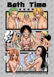Rule 34 | 2girls, 6+boys, artist request, bathroom, black hair, breasts, brook (one piece), franky (one piece), large breasts, long hair, monkey d. luffy, multiple boys, multiple girls, nami (one piece), nico robin, nude, one piece, reindeer, roronoa zoro, sanji (one piece), skeleton, source request, tony tony chopper, usopp