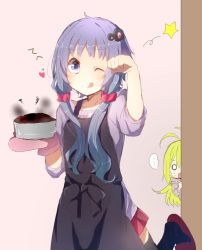 Rule 34 | 2girls, :q, apron, blonde hair, cake, casual, clenched hand, food, hair ornament, hand up, harusawa, leg up, looking at viewer, low twintails, multiple girls, peeking out, purple eyes, purple hair, red skirt, simple background, skirt, slippers, symbol ricochet, tongue, tongue out, tsurumaki maki, twintails, vocaloid, voiceroid, yuzuki yukari