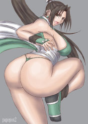 Rule 34 | 1girl, :d, artist name, ass, bare shoulders, blush, breasts, brown eyes, brown hair, butt crack, curvy, fatal fury, from behind, grey background, hair ornament, huge ass, japanese clothes, large breasts, long hair, looking at viewer, looking back, ninja, open mouth, panties, papepox2, ponytail, shiranui mai, sideboob, simple background, smile, solo, standing, standing on one leg, the king of fighters, thick thighs, thighs, thong, underwear