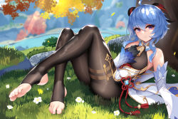 Rule 34 | 1girl, ahoge, ass, bare shoulders, bell, black gloves, blue hair, bodystocking, breasts, cowbell, day, detached collar, detached sleeves, feet, ganyu (genshin impact), genshin impact, gloves, goat horns, gold trim, hair between eyes, hand on own chest, highres, horns, leg up, long hair, long sleeves, looking at viewer, lying, medium breasts, nekoda (maoda), on back, outdoors, purple eyes, reclining, shiny clothes, smile, solo, stirrup legwear, toeless legwear, tree