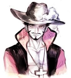 Rule 34 | 1boy, chinstrap, crossed arms, dracule mihawk, hat, hat feather, jewelry, lining, male focus, necklace, one piece, open clothes, open shirt, popped collar, shirt, solo, yamsong, yellow eyes