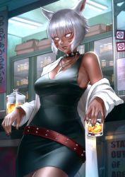 Rule 34 | 1girl, absurdres, animal ears, belt, black dress, breasts, cat ears, cleavage, coat, collar, cup, dark-skinned female, dark skin, dress, facial mark, final fantasy, final fantasy xiv, glass, grey eyes, highres, hjz (artemi), holding, holding cup, huge filesize, leaning back, leaning on object, lips, looking at viewer, medium breasts, miqo&#039;te, neck tattoo, open clothes, open coat, revision, short hair, silver hair, solo, tattoo, whisker markings, y&#039;shtola rhul