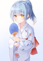 Rule 34 | 1other, aid!, bag, bagged fish, blue background, blue hair, blush, brown eyes, commentary, eyes visible through hair, fish, gradient background, hand fan, holding, holding bag, holding fan, japanese clothes, kimono, long hair, long sleeves, looking at viewer, obi, ponytail, rimuru tempest, sash, sidelocks, solo, tensei shitara slime datta ken, white background, white kimono, wide sleeves