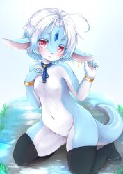 Rule 34 | 1girl, ahoge, black thighhighs, blue hair, blue nipples, blue skin, blush, bracelet, colored nipples, colored skin, colored tips, earrings, female focus, flat chest, forehead jewel, furry, furry female, grass, hand on own ear, highres, jewelry, kageroh, kneeling, looking at viewer, multicolored hair, multicolored skin, navel, nipples, nude, original, parted bangs, pink eyes, pulling own ear, solo, tail, thighhighs, two-tone hair, water, white hair, white skin