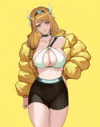 Rule 34 | 1girl, alternate costume, artist name, black shorts, braid, breasts, brown hair, cleavage, clothes writing, commentary, cowboy shot, fire emblem, fire emblem engage, goldmary (fire emblem), groin, hair ribbon, jacket, large breasts, long hair, meziosaur, mole, mole on breast, nintendo, off shoulder, ribbon, short shorts, shorts, simple background, single bare shoulder, solo, standing, stomach, thighs, white ribbon, yellow background, yellow eyes, yellow jacket