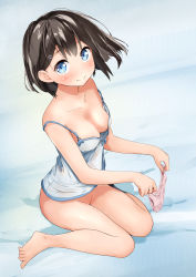 Rule 34 | 1girl, asymmetrical legwear, bare shoulders, black socks, blue eyes, blush, bottomless, breasts, brown hair, camisole, cleavage, collarbone, commentary request, covered erect nipples, downblouse, from above, hair ornament, hairclip, highres, holding, holding clothes, holding panties, holding underwear, kantoku (style), looking at viewer, medium breasts, miyuki (yxbt7), naked shirt, original, panties, unworn panties, revision, shirt, short hair, sitting, smile, socks, solo, spaghetti strap, strap slip, underwear, uneven legwear, white camisole, white panties, white shirt