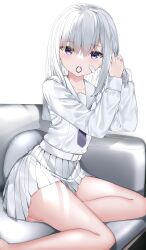 Rule 34 | 1girl, bandaid, bandaid on cheek, bandaid on face, blush, couch, grey hair, hair between eyes, hair tie, hair tie in mouth, hands up, highres, long sleeves, looking at viewer, mouth hold, necktie, neku (neku draw), on couch, original, pillow, pleated skirt, puffy long sleeves, puffy sleeves, purple eyes, purple necktie, sailor collar, school uniform, serafuku, shirt, simple background, sitting, skirt, solo, tying hair, white background, white sailor collar, white serafuku, white shirt, white skirt, yokozuwari