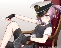 Rule 34 | 1girl, armchair, bike shorts, black gloves, black skirt, black vest, blue eyes, blush, breasts, chair, closed mouth, collared shirt, dated, fingerless gloves, flat cap, gloves, gradient background, hair between eyes, hat, highres, kantai collection, medium hair, military, military hat, military uniform, miniskirt, naval uniform, nuka (nvkka), one-hour drawing challenge, peaked cap, pink hair, school uniform, shiranui (kancolle), shiranui kai ni (kancolle), shirt, short ponytail, short sleeves, sitting, skirt, small breasts, smile, solo, sparkle, star (symbol), uniform, vest, white shirt